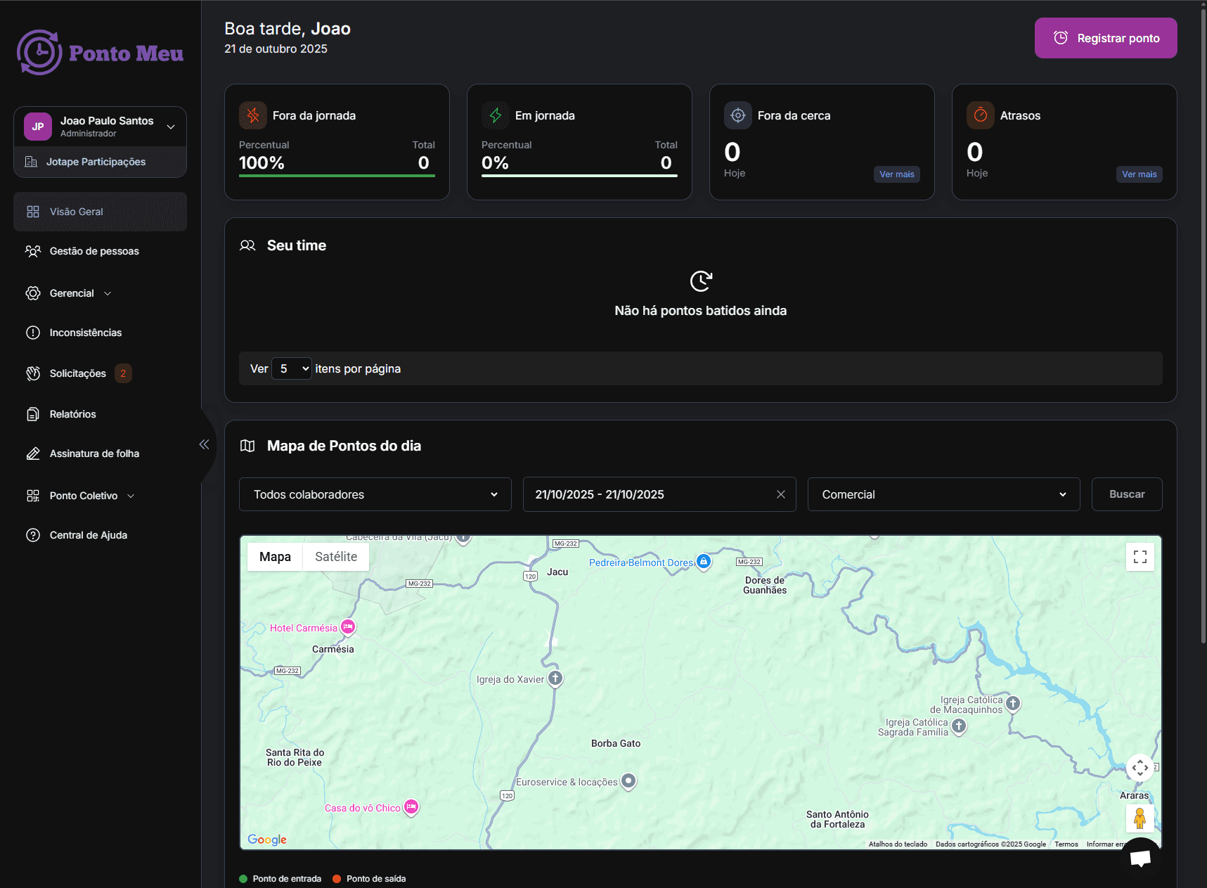 Dashboard do Ponto Meu mostrando painel de controle
